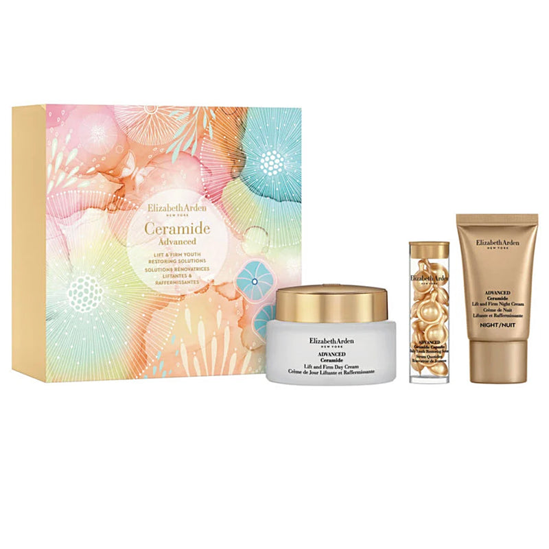 Elizabeth Arden Ceramide Advanced skincare set with a decorative box on a white background