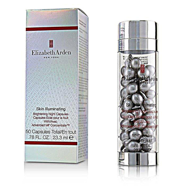 Elizabeth Arden Skin Illuminating Advanced Brightening Night Capsules packaging and product container, with 50 capsules visible.