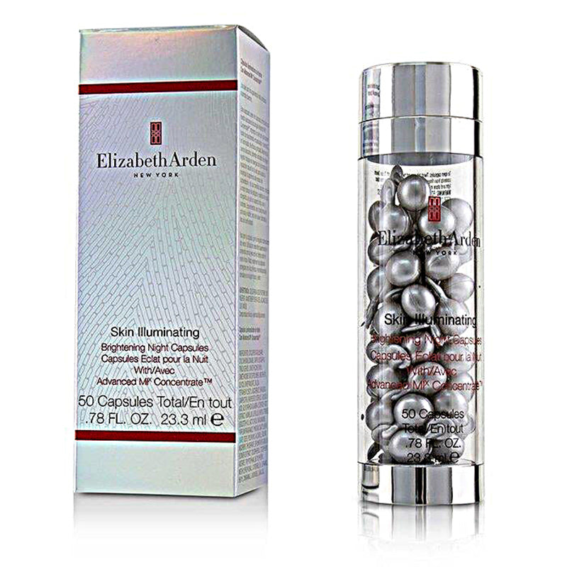 Elizabeth Arden Skin Illuminating Advanced Brightening Night Capsules packaging and product container, with 50 capsules visible.