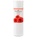 A white cylindrical perfume stick container with a ribbed top and bottom, featuring a label with three red roses and the brand name Enchanteur.