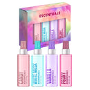 Set of four small bottles with colorful packaging and 'Ecentuals' branding on a white background.