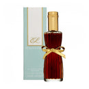 Estée Lauder perfume bottle with gold cap and ribbon, next to its packaging on a white background