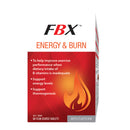 FBX Energy & Burn dietary supplement box with caffeine, featuring a red and orange flame design on a white background.