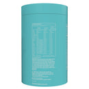 A turquoise cylindrical canister showing the back panel with a nutrition facts label and ingredients list on a plain white background.
