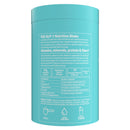 A turquoise blue cylindrical tub of FBX GLP-1 Nutrition Shake shown from the back, featuring white text detailing ingredients, benefits, directions, and serving suggestions on a solid white background.