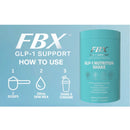 FBX GLP-1 Support Nutrition Shake in a teal cylindrical container, shown next to a light blue instructional graphic detailing how to use 2 scoops with 250mL skim milk.