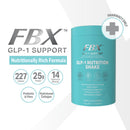 FBX GLP-1 Support nutritionally rich formula shake in a turquoise cylindrical container, shown next to text highlighting 227 calories, 25g protein, 14 vitamins and minerals, probiotic and fibre, on a white and light gray background.