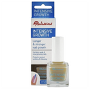 Fabulicious Intensive Growth nail polish in a clear bottle with a white cap, shown next to its blue and white retail packaging box on a white background.