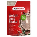 A packaged weight loss shake mix branded FatBlaster in a double chocolate mocha flavor, with a graphic of a prepared shake and text highlighting the product features such as high protein content.