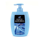 Blue Felce Azzurra liquid soap bottle on a white background