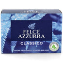 Felce Azzurra Classico Scented Bar Soap box, featuring a dark blue and light blue fern pattern with a central dark blue label containing white text.