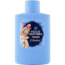 Blue bottle of Felce Azzurra talco with a vintage-style label on a white background