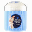A classic white talc footie ball inside a light blue ribbed plastic container with a clear lid, featuring a vintage-style label that reads 'FELCE AZZURRA TALCO Classico'.