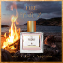 Vanilla Spark Zodiac Elements Fire perfume bottle with a fire and mountain background