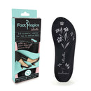 Packaging and a single orthotic insole of Footlogics Bella with design flowers on it, intended for use in women's footwear with low to medium height heels.