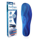 Packaging and a blue orthotic insole designed for correcting foot pronation and flat feet, branded by Footlogics.