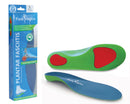 Packaging and an insole designed for Plantar Fasciitis relief, showing blue and green colors with red areas on the insole.