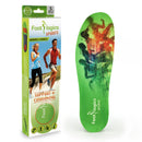 Packaging and insole of Footlogics Sports orthotic, designed for athletic footwear, with a green color theme and illustrations of people running.