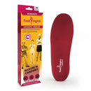 Packaging of Footlogics Workmate orthotic insole with the insole itself being red in color. The packaging displays images of people in work attire and highlights the product's features including 'Maximum Comfort' and 'Knee Pads Included'.