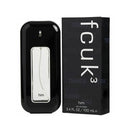 Black perfume bottle and packaging with 'fcuk3' branding on a white background
