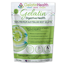 A 500g stand-up pouch of GelatinHealth Digestive Health gelatin powder, featuring a white and green design with product benefits and Australian branding.