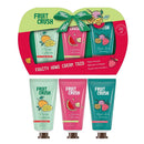 Fruit Crush hand cream trio set with three individual creams and a decorative box on a white background.