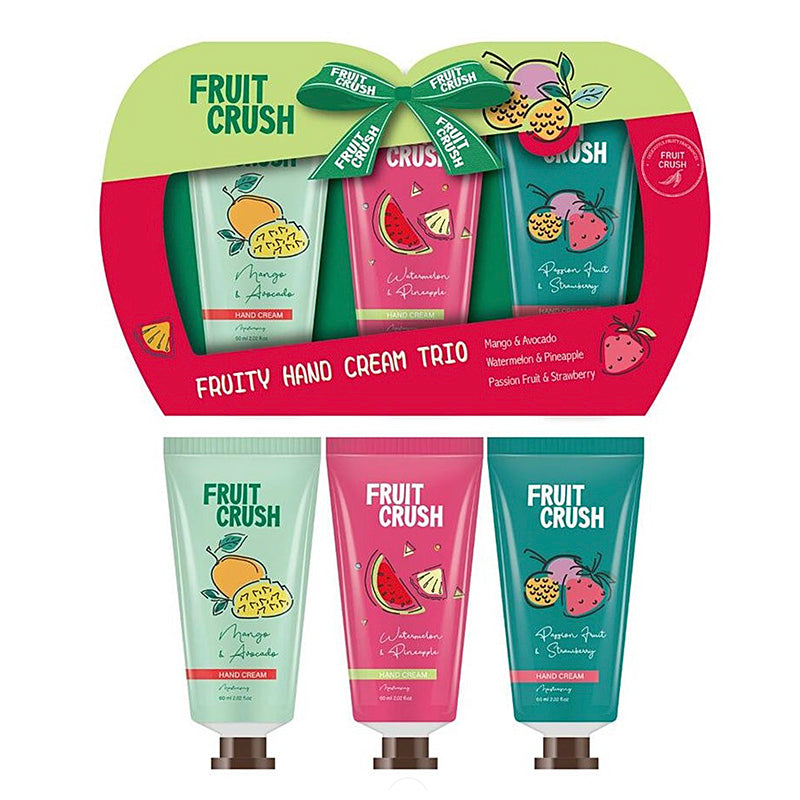 Fruit Crush hand cream trio set with three individual creams and a decorative box on a white background.