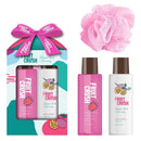 Fruit Crush body care set with packaging, shower gel, and body lotion on a white background.