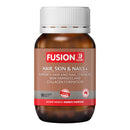 A brown amber bottle of Fusion Health Hair, Skin & Nails+ dietary supplement with a white cap and a brown, red, and gray label, shown on a plain white background.