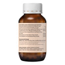 An amber glass supplement bottle with a white ribbed cap, showing the back label with text detailing ingredients and dosage on a plain white background.