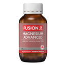 A bottle of Fusion Health Magnesium Advanced dietary supplement, featuring an amber brown bottle, white cap, and a maroon label with white text.