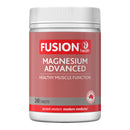 A white plastic bottle of Fusion Health Magnesium Advanced dietary supplement with a dusty rose pink label, shown on a solid white background.