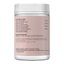 A white plastic bottle of dietary supplement capsules shown from the back, featuring a pale pink label with black text detailing ingredients, dosage, and Australian origin.
