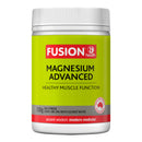 A white plastic jar of Fusion Health Magnesium Advanced oral powder, featuring a bright lime green label with red and black text, on a plain white background.