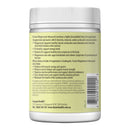 Back view of a white plastic supplement bottle with a pale yellow-green label, showing product details, ingredients, and a barcode on a white background.