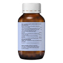 An amber glass bottle of Natural Remedies Bacalifae vegetable capsules with a white ribbed cap, showing the back label with text details on a white background.