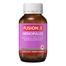 A bottle of Fusion Health Menopause supplement, featuring an amber brown bottle, white cap, and a purple label with red and white text.