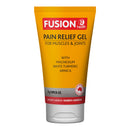 A squeeze tube of Fusion Health Pain Relief Gel for muscles and joints, featuring a bright yellow-orange body with red and black text, and a white cap, shown on a plain white background.