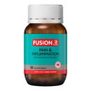 A bottle of Fusion Health Pain & Inflammation tablets, featuring a teal and red label on an amber brown bottle with a white cap, set against a plain white background.