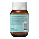 Back view of a brown supplement bottle with a white cap on a light gray background