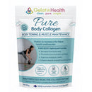 A 300g stand-up pouch of GelatinHealth Pure Body Collagen on a plain white background. The packaging is primarily white with teal and blue graphics, featuring the GelatinHealth brand logo at the top and a central image of a woman exercising.