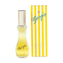 Perfume bottle and packaging with yellow and white striped design on a white background