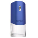 Givenchy Pour Homme Eau de Toilette bottle with a metallic blue upper section and a clear glass lower section, shown on a plain white background.