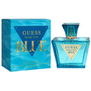Guess Seductive Blue perfume bottle and its blue packaging box with gold lettering, set against a plain white background.