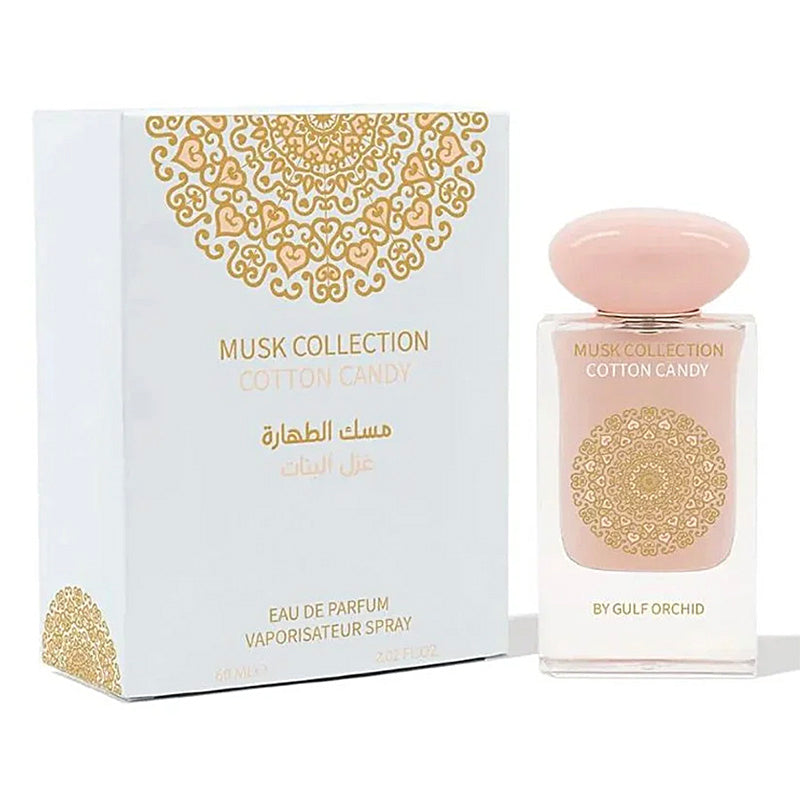 Musk Collection Cotton Candy perfume bottle and packaging on a white background
