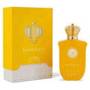 Yellow perfume bottle and packaging labeled 'Mango Ice' by Gulf Orchid on a white background