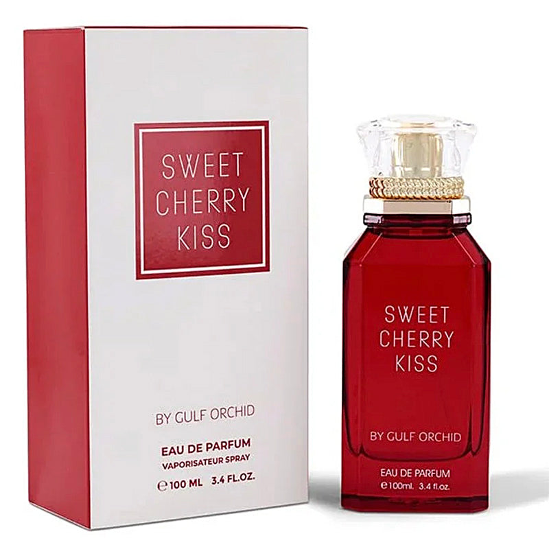 Red 'Sweet Cherry Kiss' perfume bottle and packaging on a white background