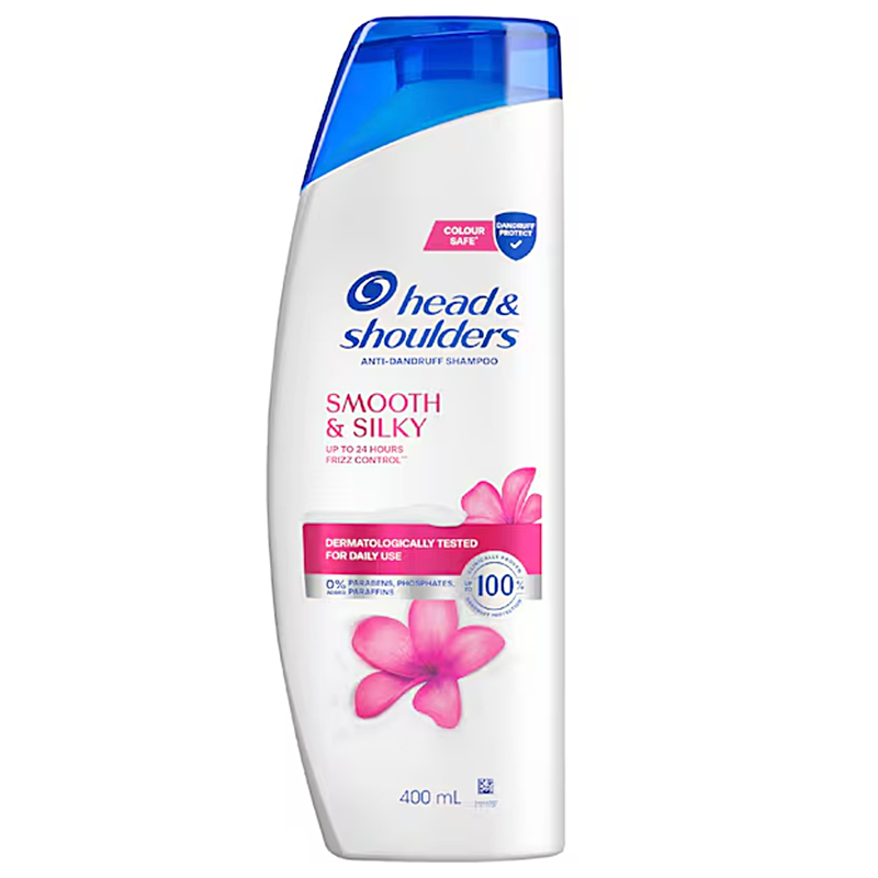 Head & Shoulders shampoo bottle with blue cap and pink flower on a white background
