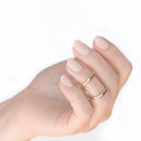 Hand with a gold ring on a white background