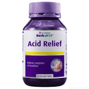 A bottle of HerbGUTs Acid Relief chewable tablets, featuring a purple cap and a white and purple label with a yellow accent stripe, on a plain white background.